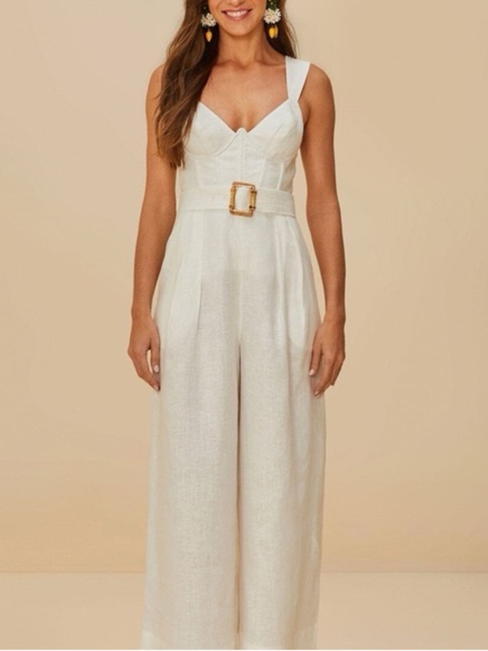 FARM Rio Cream Sleeveless V-Neck Wide-Leg Belted Jumpsuit